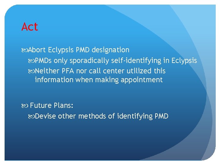 Act Abort Eclypsis PMD designation PMDs only sporadically self-identifying in Eclypsis Neither PFA nor