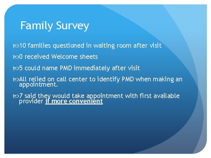 Family Survey 10 families questioned in waiting room after visit 0 received Welcome sheets