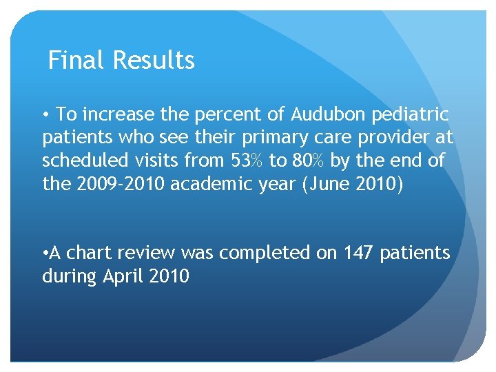 Final Results • To increase the percent of Audubon pediatric patients who see their