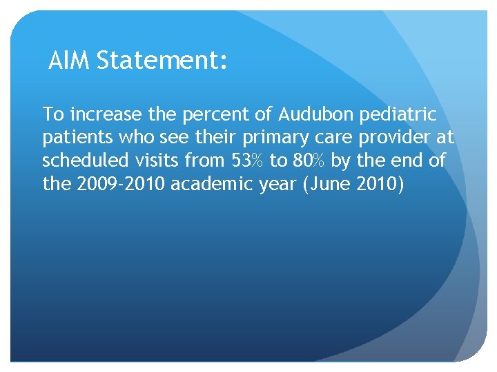 AIM Statement: To increase the percent of Audubon pediatric patients who see their primary