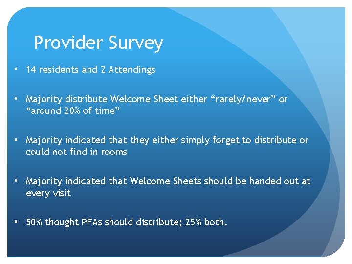 Provider Survey • 14 residents and 2 Attendings • Majority distribute Welcome Sheet either