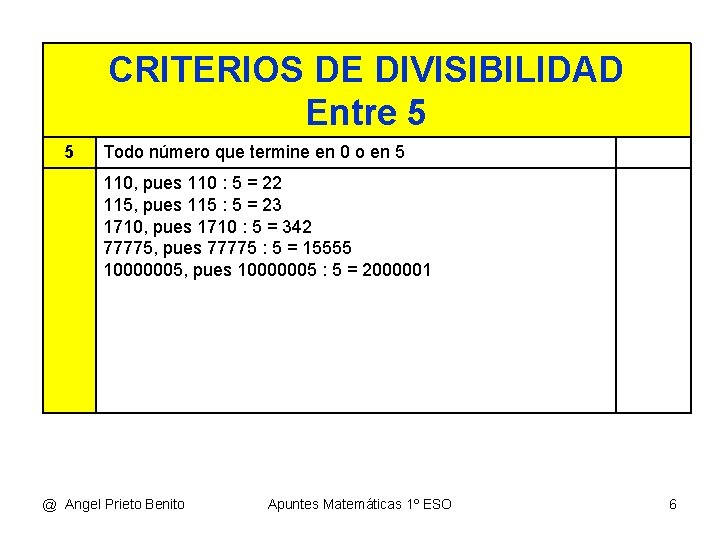 CRITERIOS DE DIVISIBILIDAD Entre 5 5 Todo número que termine en 0 o en