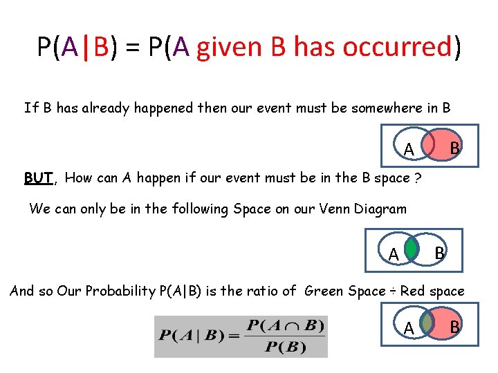 P(A|B) = P(A given B has occurred) If B has already happened then our P(A|B) = P(A given B has occurred) If B has already happened then our