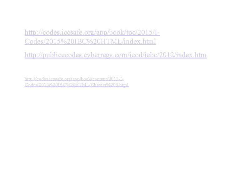 http: //codes. iccsafe. org/app/book/toc/2015/ICodes/2015%20 IBC%20 HTML/index. html http: //publicecodes. cyberregs. com/icod/iebc/2012/index. htm http: //codes.