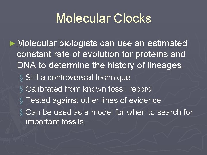 Molecular Clocks ► Molecular biologists can use an estimated constant rate of evolution for