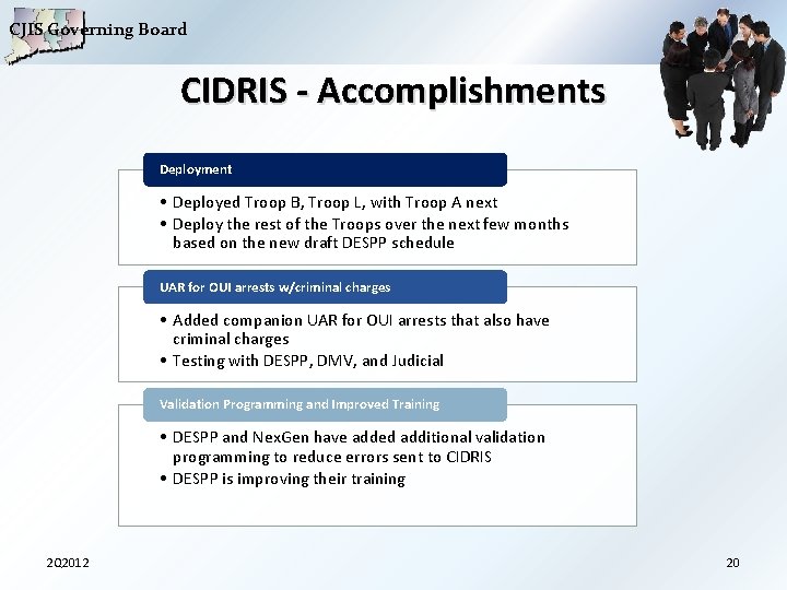 CJIS Governing Board CIDRIS - Accomplishments Deployment • Deployed Troop B, Troop L, with