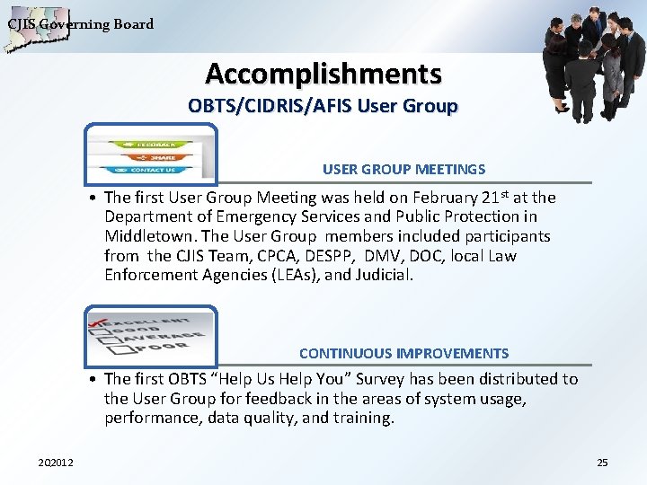 CJIS Governing Board Accomplishments OBTS/CIDRIS/AFIS User Group USER GROUP MEETINGS • The first User