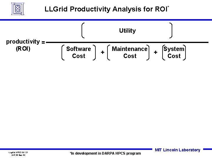 LLGrid Productivity Analysis for ROI* Utility productivity = (ROI) LLgrid-HPEC-04 -21 AIR 29 -Sep-04