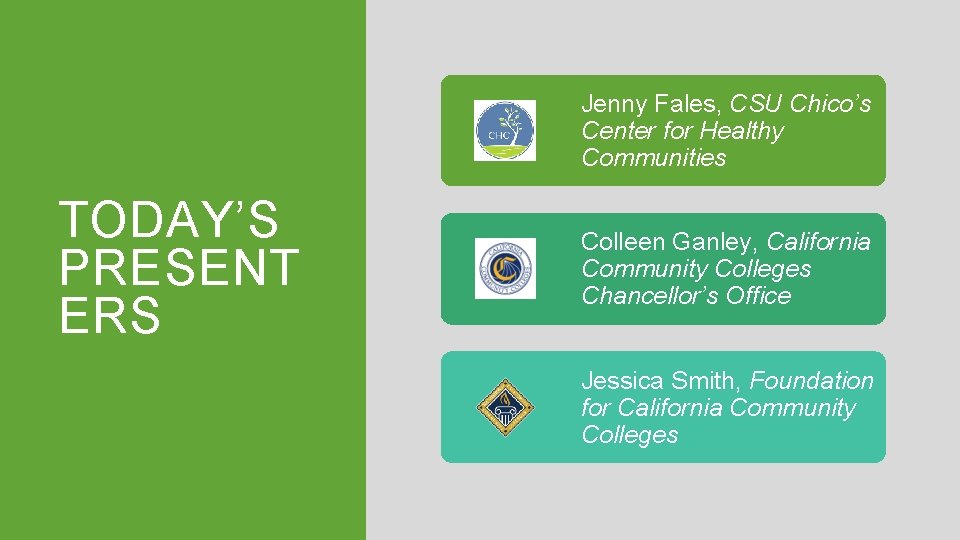 Jenny Fales, CSU Chico’s Center for Healthy Communities TODAY’S PRESENT ERS Colleen Ganley, California