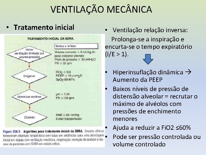 VENTILAÇÃO MEC NICA • Tratamento inicial • Ventilação relação inversa: Prolonga-se a inspiração e