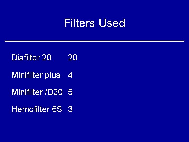 Filters Used Diafilter 20 20 Minifilter plus 4 Minifilter /D 20 5 Hemofilter 6