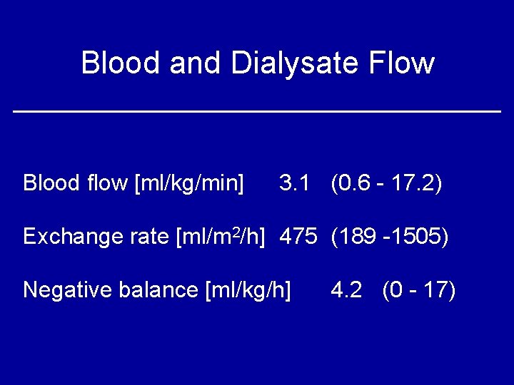 Blood and Dialysate Flow Blood flow [ml/kg/min] 3. 1 (0. 6 - 17. 2)