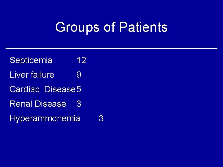 Groups of Patients Septicemia 12 Liver failure 9 Cardiac Disease 5 Renal Disease 3