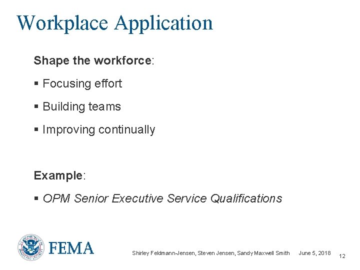 Workplace Application Shape the workforce: § Focusing effort § Building teams § Improving continually
