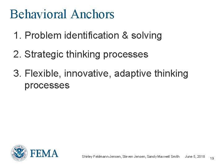 Behavioral Anchors 1. Problem identification & solving 2. Strategic thinking processes 3. Flexible, innovative,