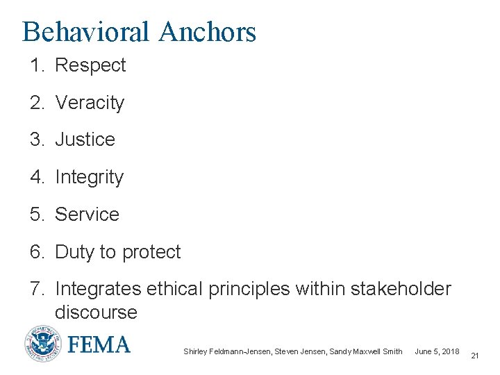 Behavioral Anchors 1. Respect 2. Veracity 3. Justice 4. Integrity 5. Service 6. Duty