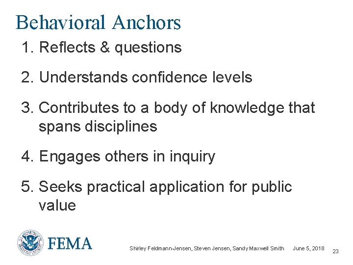 Behavioral Anchors 1. Reflects & questions 2. Understands confidence levels 3. Contributes to a