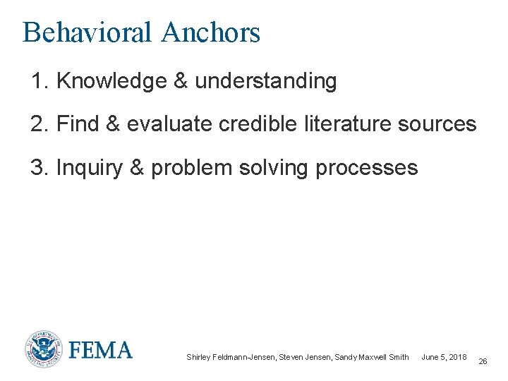 Behavioral Anchors 1. Knowledge & understanding 2. Find & evaluate credible literature sources 3.