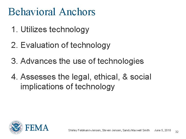 Behavioral Anchors 1. Utilizes technology 2. Evaluation of technology 3. Advances the use of