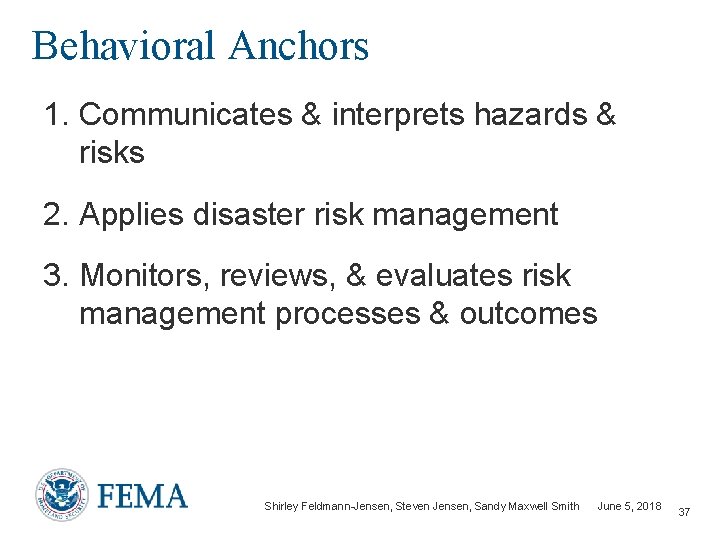 Behavioral Anchors 1. Communicates & interprets hazards & risks 2. Applies disaster risk management