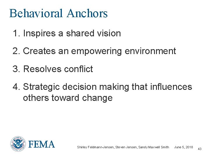 Behavioral Anchors 1. Inspires a shared vision 2. Creates an empowering environment 3. Resolves