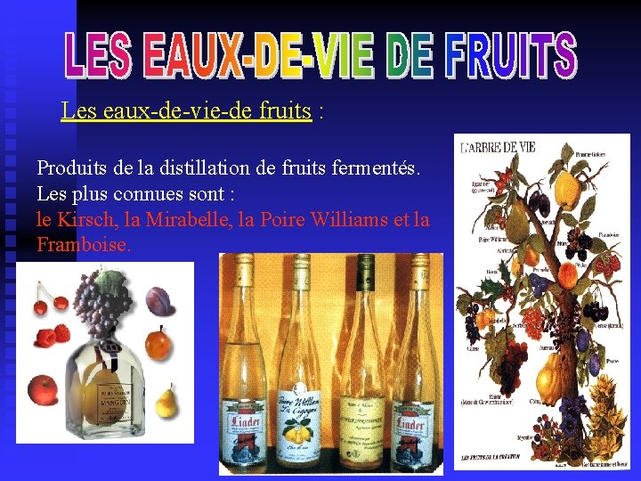  Les eaux-de-vie-de fruits : Produits de la distillation de fruits fermentés. Les plus