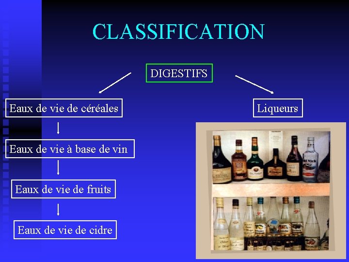 CLASSIFICATION DIGESTIFS Eaux de vie de céréales Eaux de vie à base de vin
