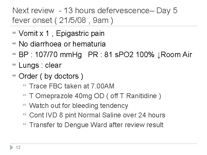 Next review - 13 hours defervescence– Day 5 fever onset ( 21/5/08 , 9