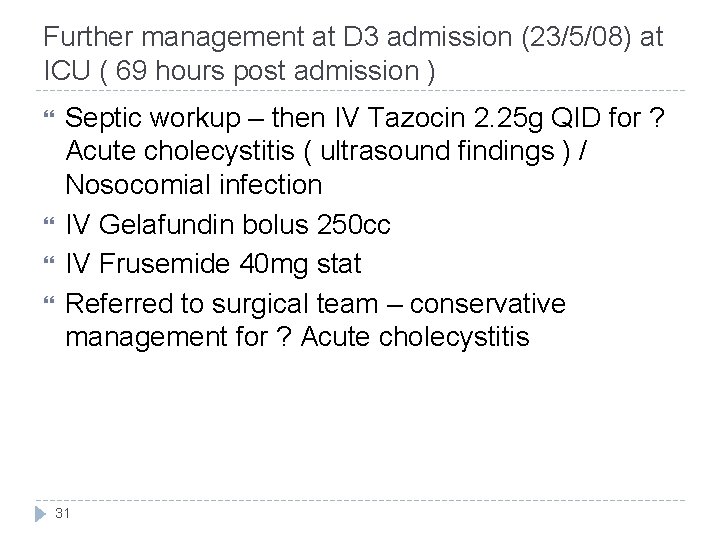 Further management at D 3 admission (23/5/08) at ICU ( 69 hours post admission