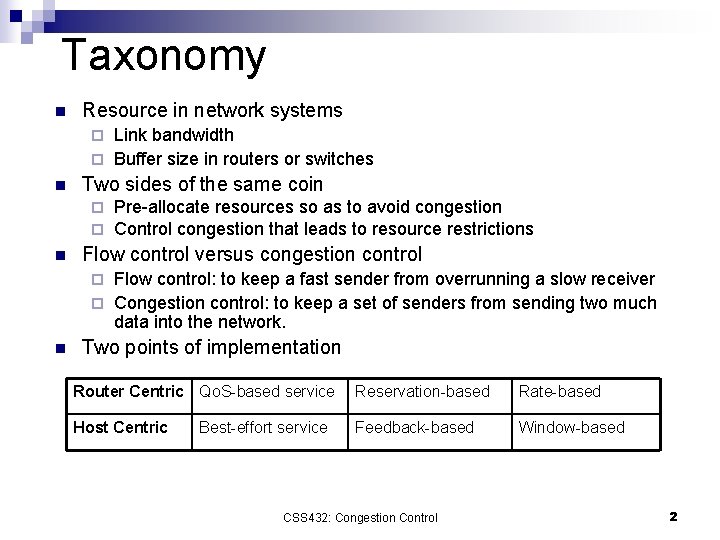 Taxonomy n Resource in network systems Link bandwidth ¨ Buffer size in routers or