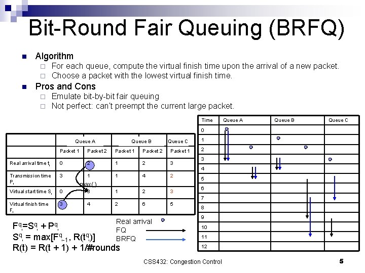 Bit-Round Fair Queuing (BRFQ) n Algorithm For each queue, compute the virtual finish time