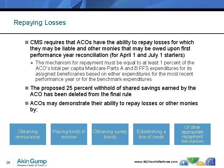 Repaying Losses n CMS requires that ACOs have the ability to repay losses for