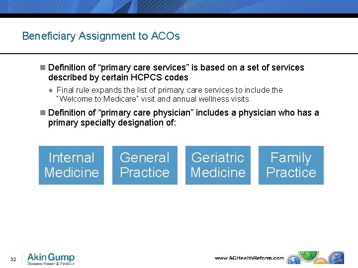 Beneficiary Assignment to ACOs n Definition of “primary care services” is based on a