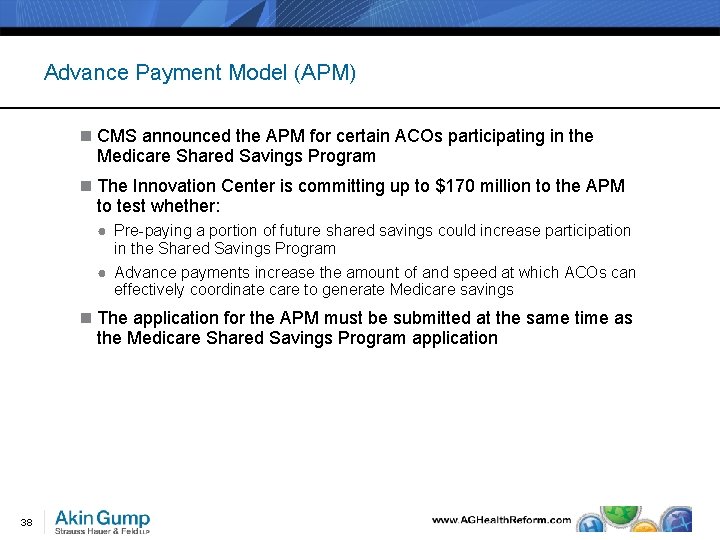 Advance Payment Model (APM) n CMS announced the APM for certain ACOs participating in