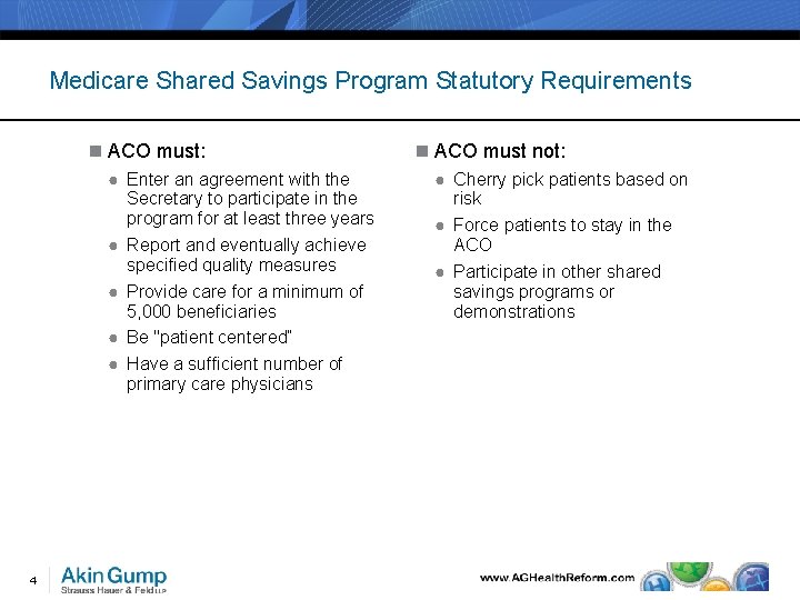Medicare Shared Savings Program Statutory Requirements n ACO must: ● Enter an agreement with