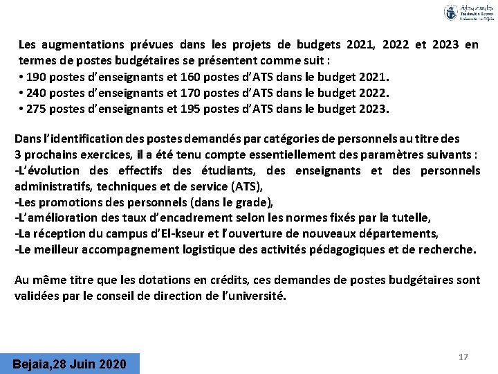 Les augmentations prévues dans les projets de budgets 2021, 2022 et 2023 en termes