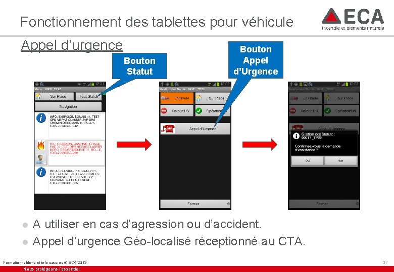 Fonctionnement des tablettes pour véhicule Appel d’urgence Bouton Statut l l Bouton Appel d’Urgence