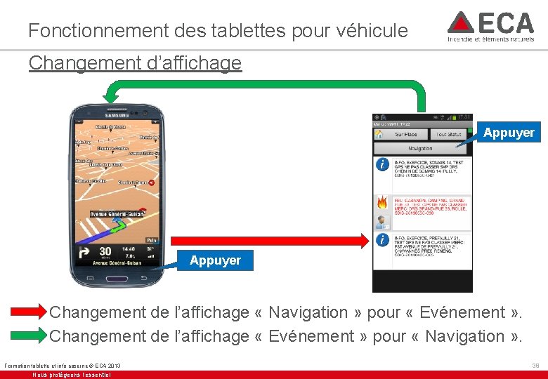 Fonctionnement des tablettes pour véhicule Changement d’affichage Appuyer Changement de l’affichage « Navigation »