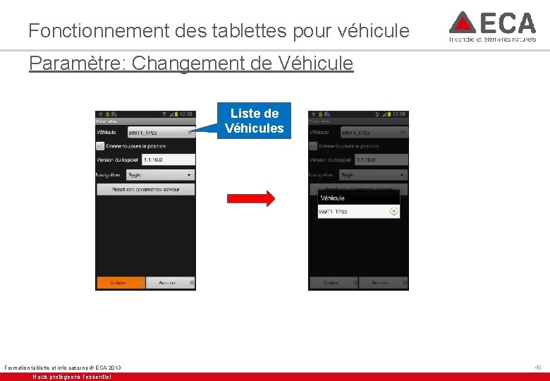Fonctionnement des tablettes pour véhicule Paramètre: Changement de Véhicule Liste de Véhicules Formation tablette