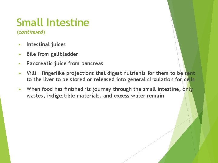 Small Intestine (continued) ▶ Intestinal juices ▶ Bile from gallbladder ▶ Pancreatic juice from