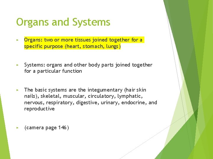 Organs and Systems ▶ Organs: two or more tissues joined together for a specific