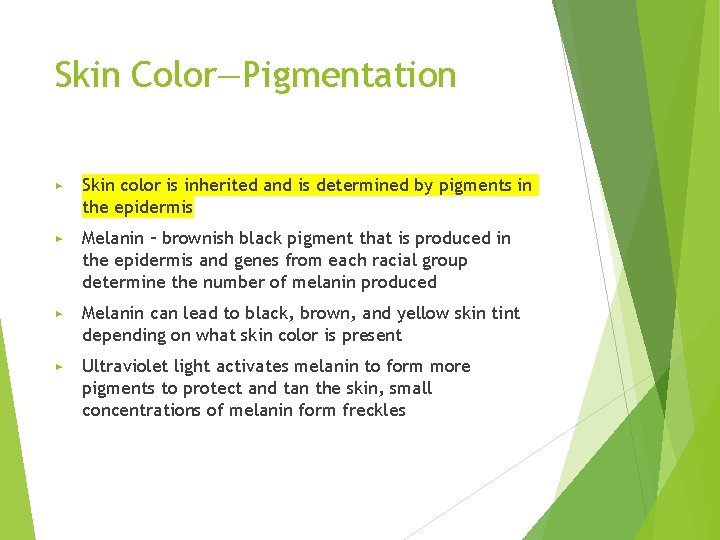 Skin Color—Pigmentation ▶ Skin color is inherited and is determined by pigments in the