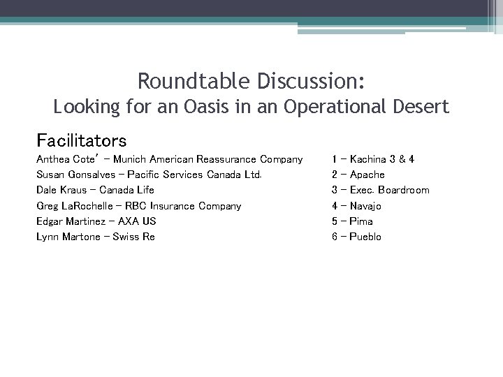 Roundtable Discussion: Looking for an Oasis in an Operational Desert Facilitators Anthea Cote’ –