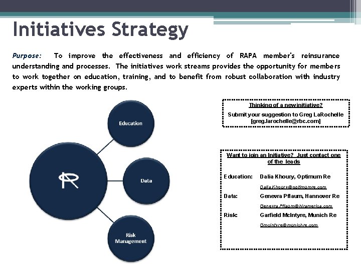 Initiatives Strategy Purpose: To improve the effectiveness and efficiency of RAPA member's reinsurance understanding