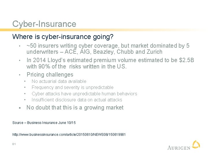 Cyber-Insurance Where is cyber-insurance going? ~50 insurers writing cyber coverage, but market dominated by