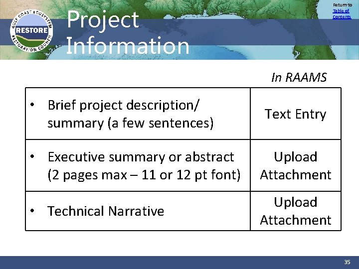 Return to Table of Contents Project Information In RAAMS • Brief project description/ summary