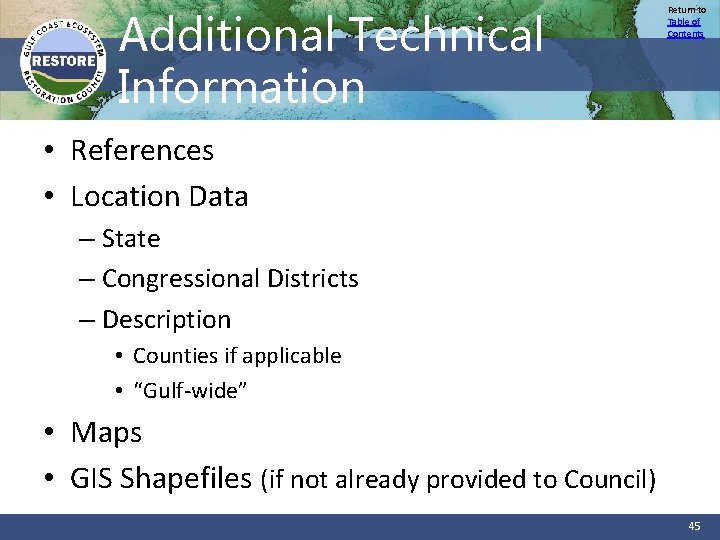 Additional Technical Information Return to Table of Contents • References • Location Data –
