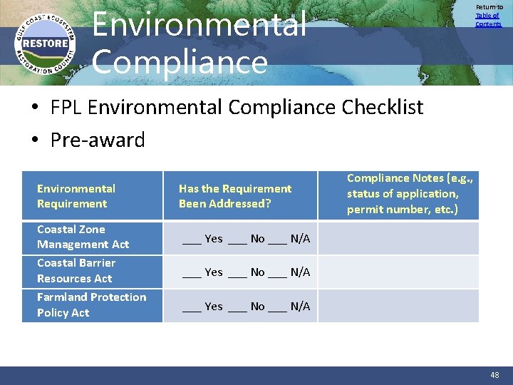 Return to Table of Contents Environmental Compliance • FPL Environmental Compliance Checklist • Pre-award