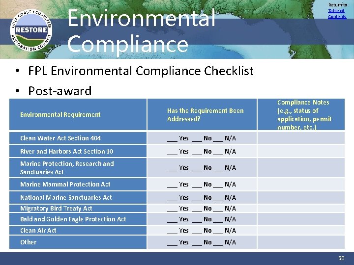 Return to Table of Contents Environmental Compliance • FPL Environmental Compliance Checklist • Post-award
