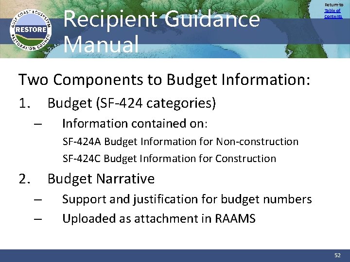 Recipient Guidance Manual Return to Table of Contents Two Components to Budget Information: 1.